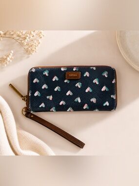 Fossil Navy Wristlet Wallet with Pink and Teal Heart Motif